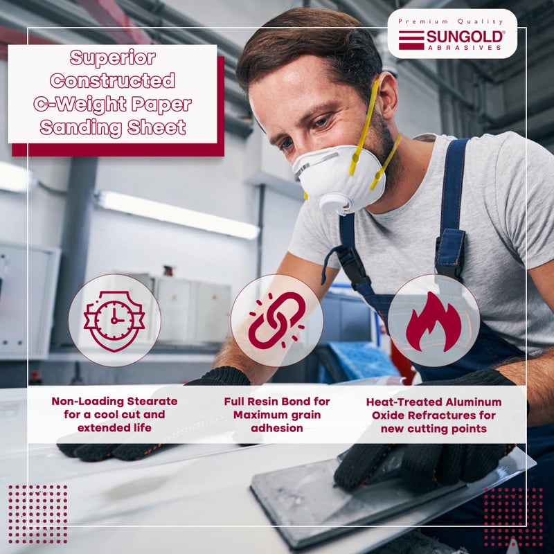 Sungold Abrasives أوراق صنفرة سونغولد 11112 بحجم 9 إنش × 11 إنش، 320 حبيبة، أكسيد الألمنيوم المعالج، عبوة 25 قطعة - Image 3